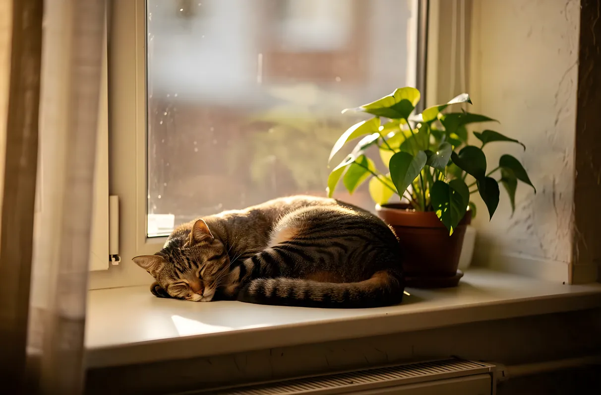 Tabby cat asleep in the afternoon sun on a windowsill beside a houseplant