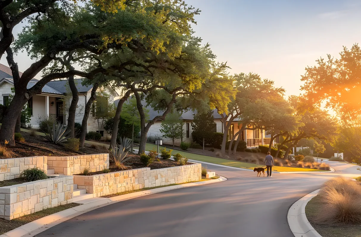 Person walking a dog along a tree-lined residential street at sunset beneath mature live oaks