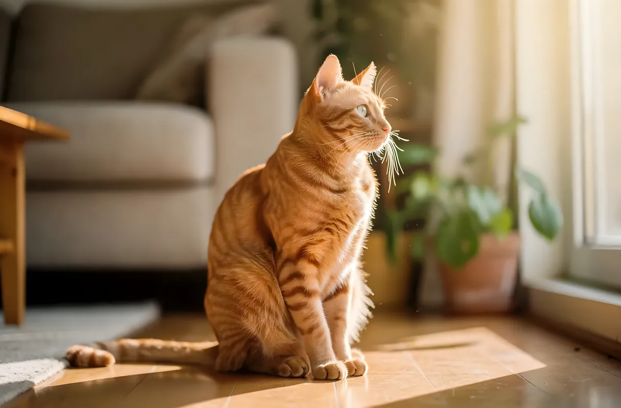 Orange tabby cat sitting upright on a wooden floor, looking toward a sunlit window