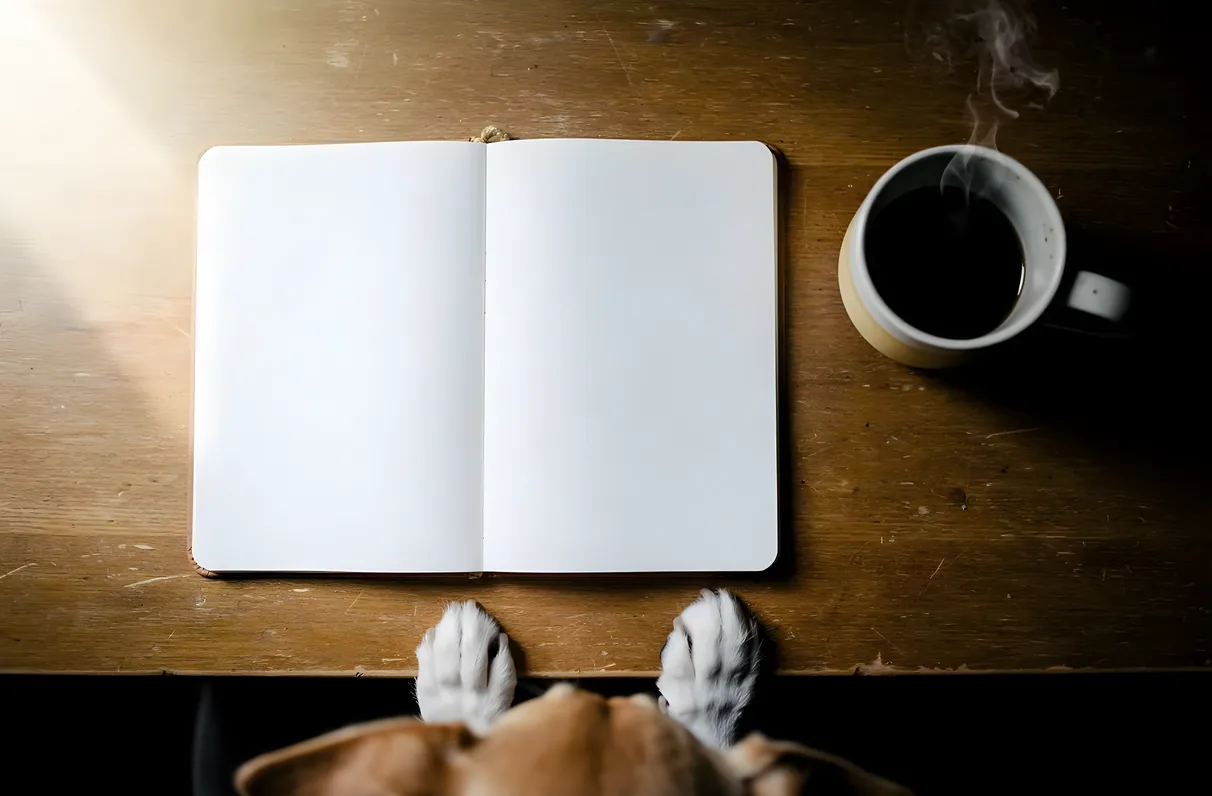 Open notebook and a coffee mug on a wooden table with a dog resting at the edge of the frame