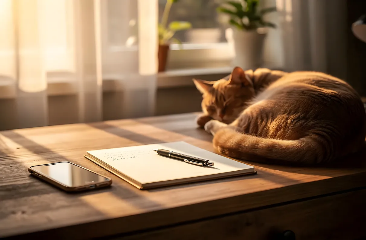 Orange tabby cat on desk beside notebook, pen, and smartphone in window sunlight