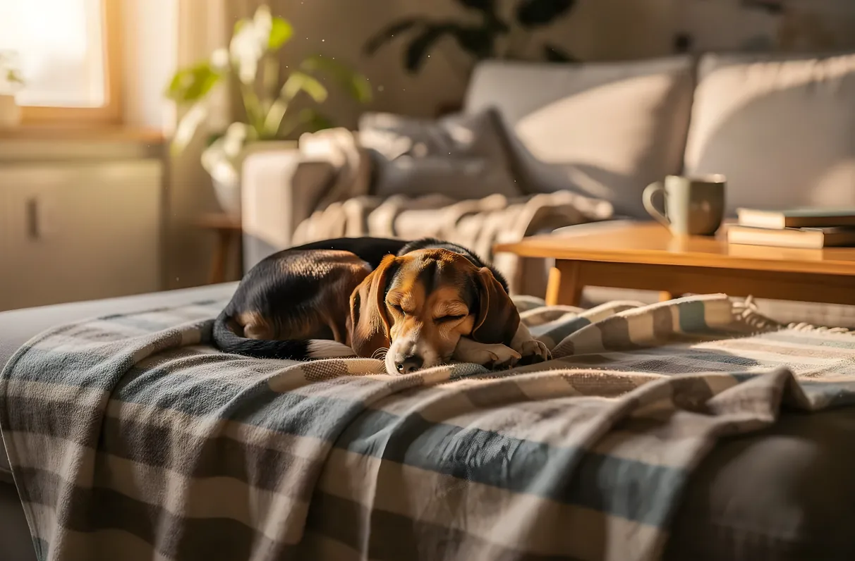 Beagle asleep on a striped blanket in a sunlit living room