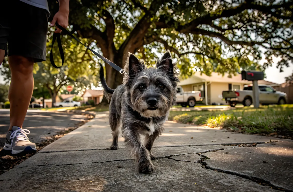 Scruffy grey terrier trotting on a leash along a shaded sidewalk beside its walker