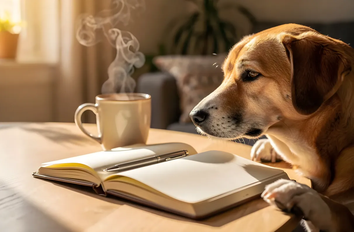 Brown dog resting its paws on a table beside an open notebook and a coffee mug