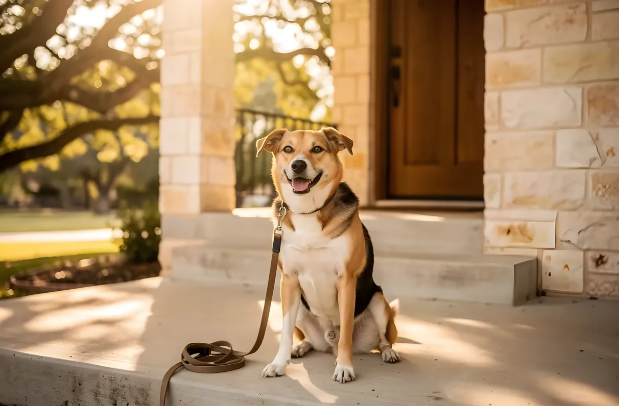 Mixed-breed dog waiting on a limestone front porch in San Antonio with its leash beside it