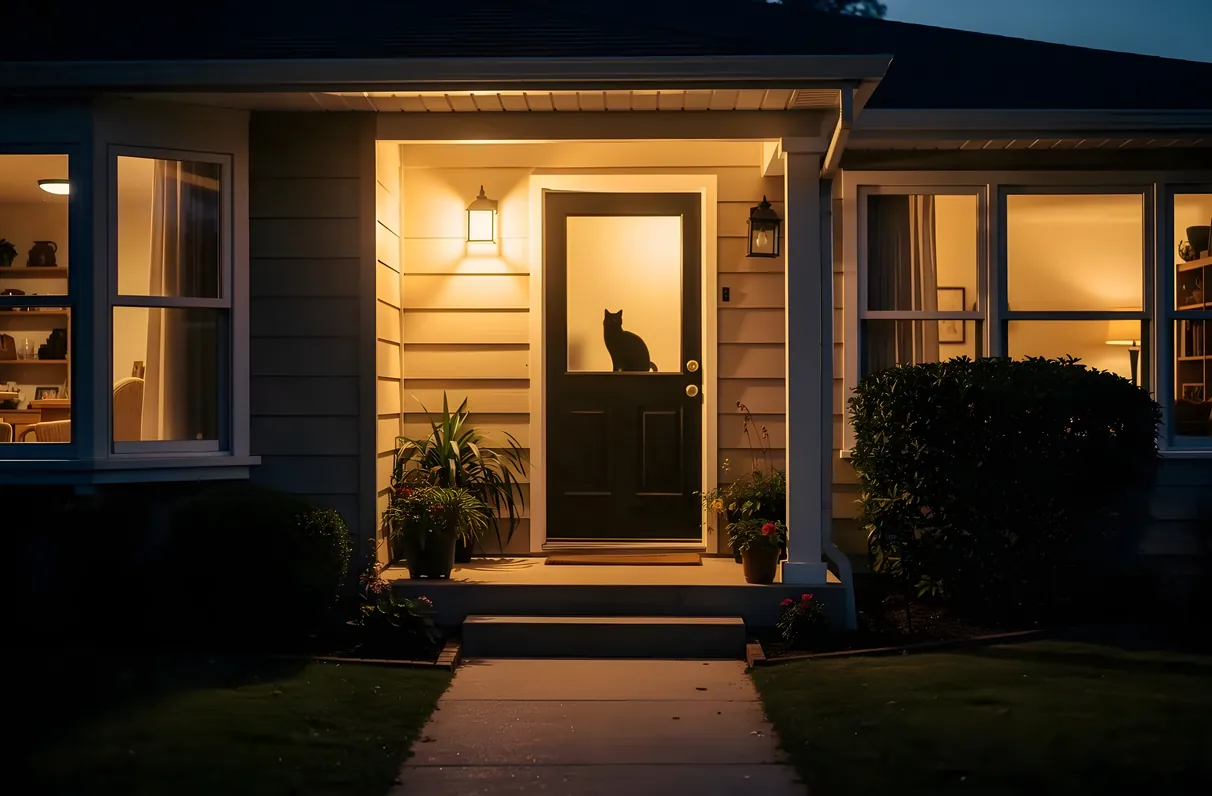 Black cat silhouetted in illuminated home doorway, looking outside at dusk