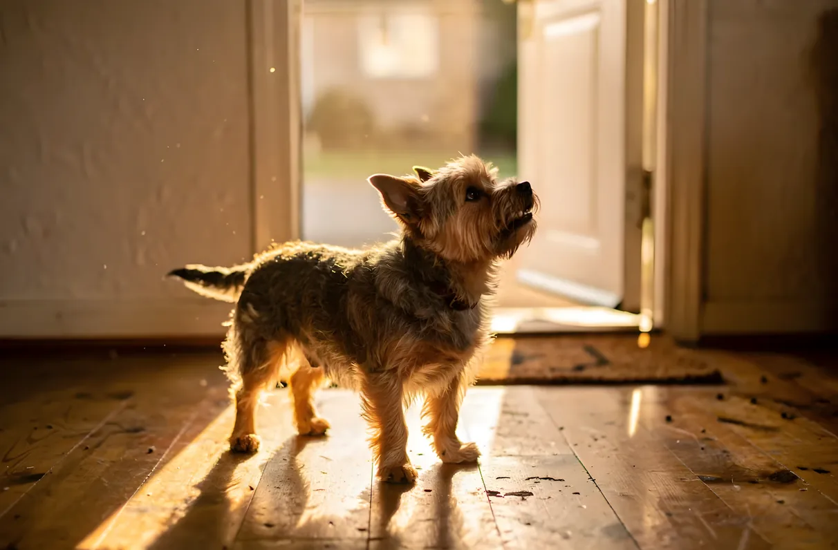 Small terrier waiting in a sunlit entryway, watching an open front door