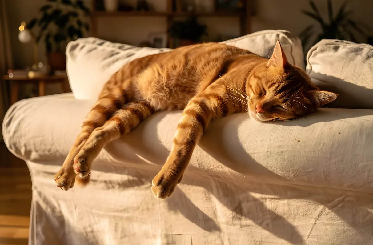 Ginger tabby cat stretched out asleep along the back of a linen sofa