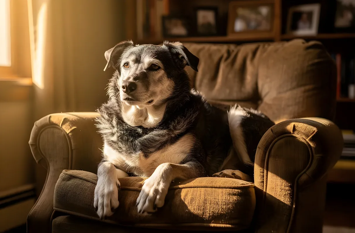 Grey-muzzled senior dog settled comfortably on a familiar armchair in a sunlit room