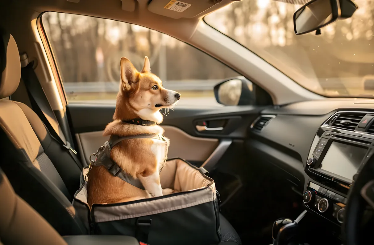 Corgi sitting upright in a booster car seat, harnessed and looking out the windscreen
