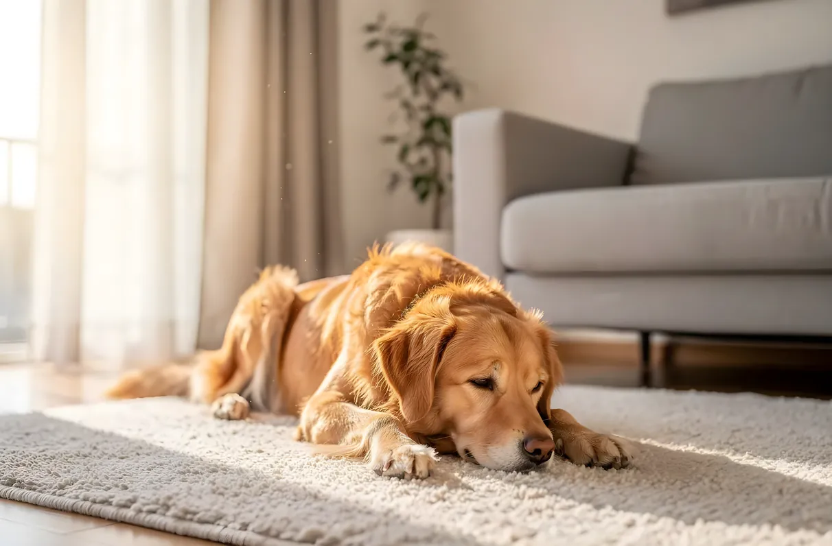 Golden retriever resting on a wool rug in a bright living room